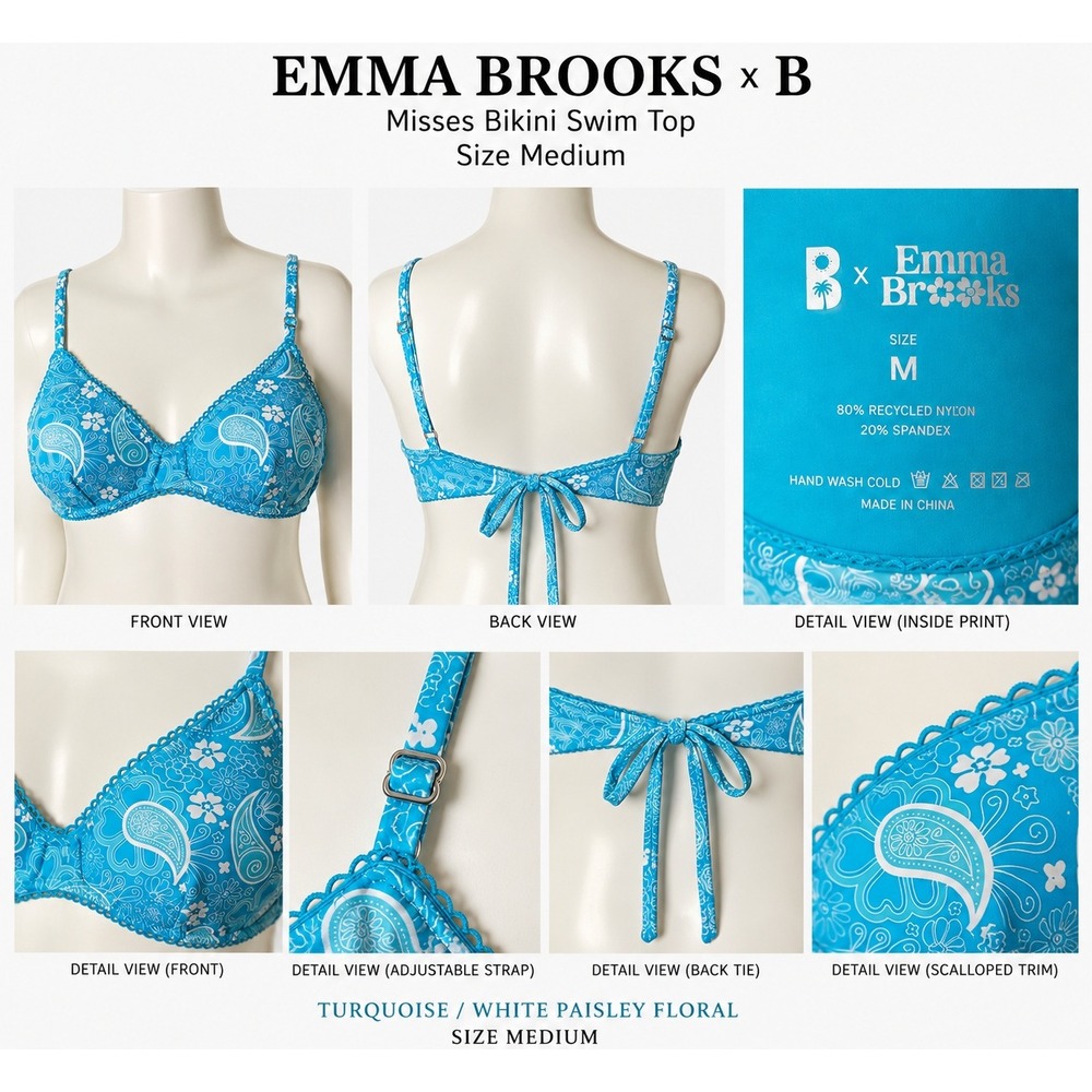 Blackbough Swim Emma Brooks Paisley Triangle Bikini Top Turquoise Blue Womens M